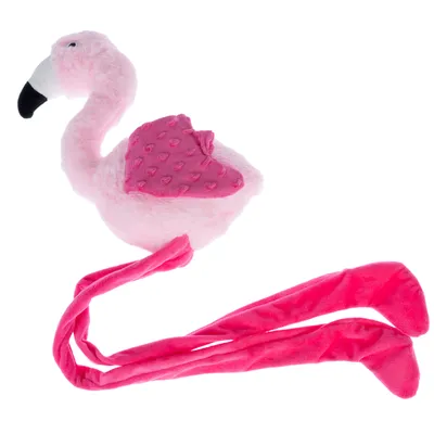 Pluszowa zabawka w kształcie różowego flaminga z długimi nogami i skrzydłami w kształcie serca. Odpowiednia do zabawy dla zwierząt domowych.