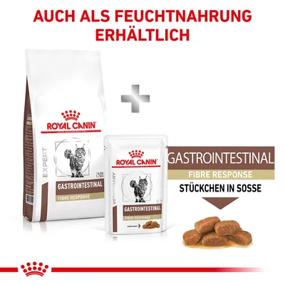 Royal Canin Gastrointestinal Fibre Response für Katzen, erhältlich als Trocken- und Feuchtnahrung. Feuchtnahrung: Stückchen in Sosse.