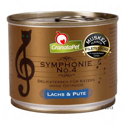 Lata de comida para gatos GranataPet Symphonie No.4, Lachs & Pute, con texto en alemán: Delicatessen für Katzen ohne Getreide, MUSKELFLEISCH FILETSTÜCKE in natürlichem Gelee.
