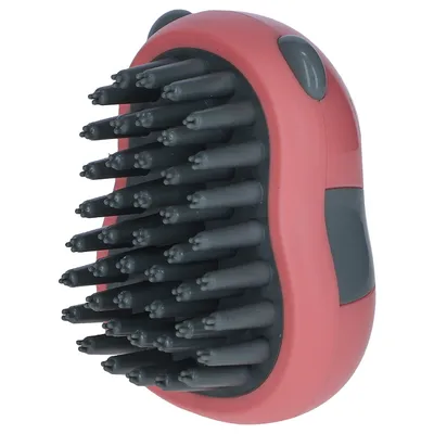 Handbürste mit grauen Gummiborsten und rotem Kunststoffgriff, geeignet zur Fellpflege. Ergonomische Form sichtbar.