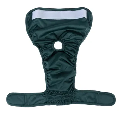 Pannolino per cani verde scuro con fascia elastica, foro per la coda e chiusura in velcro.