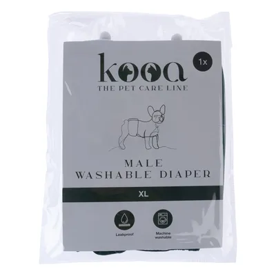 kooa Male Washable Diaper, Grösse XL, auslaufsicher und maschinenwaschbar. Verpackung zeigt Illustration eines Hundes mit Windel.