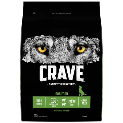 Crave dog food with high protein, made with 100% natural lamb and beef, contains fresh beef, grain free, suitable for dogs over 1 year, 2.8kg pack.
