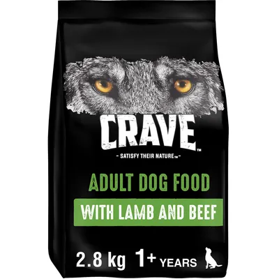 Crave adult dog food with lamb and beef, suitable for dogs aged 1 year and older, 2.8 kg bag.