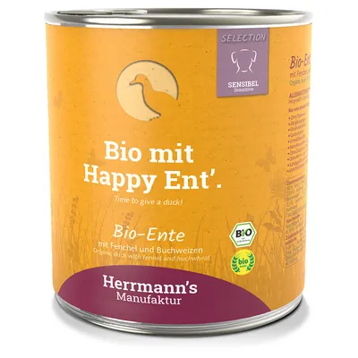 Herrmann's Manufaktur Bio mit Happy Ent', Bio-Ente mit Fenchel und Buchweizen, SELECTION Sensibel Sensitive, BIO certifikát. Text v nemčine.