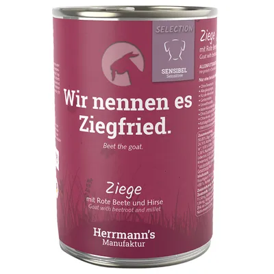 Herrmann's Manufaktur Sensibel Selection Ziege mit Rote Beete und Hirse. Text: Wir nennen es Ziegfried. Ohne Tierversuche, ohne Zucker, hergestellt in Deutschland.