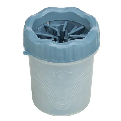 Récipient en plastique bleu avec inscription visible TRIXIE et brosses souples à l’intérieur, ouverture large sur le dessus.
