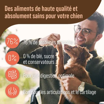 Des aliments de haute qualité et absolument sains pour votre chien : 76 % de protéines animales, 0 % de blé, sucre et conservateurs, digestion optimale, bon pour les articulations et le cartilage.