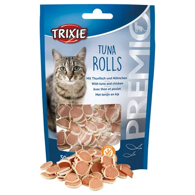 Trixie Premio Tuna Rolls, senza glutine, con tonno e pollo. La confezione mostra l’immagine del prodotto e un gatto. Contenuto: 50g.