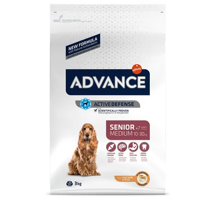 Advance Active Defense Senior Medium храна за кучета над 7 години, 10-30 кг, с пиле и ориз. Подпомага ставите, мозъка, храносмилането и зъбите. Опаковка 3 кг.