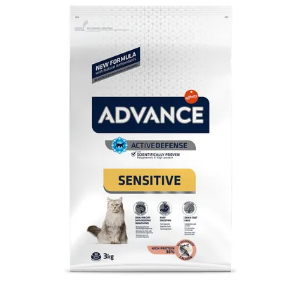 Advance Active Defense Sensitive, 3 kg. High protein 36 %, hlavní ingredience losos. Vhodné pro citlivé kočky, podpora trávení a péče o kůži a srst. Obrázek kočky na obalu.