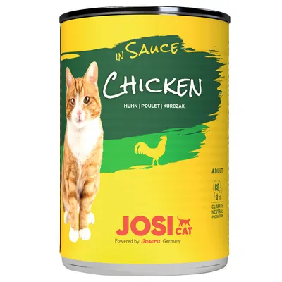 Boîte JosiCat in Sauce Chicken, poulet, image de chat, mention Adult, production neutre en CO₂, Powered by Josera Germany. Texte visible aussi en anglais, allemand et polonais.