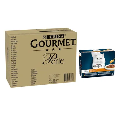 96 x 85 г Мегаупаковка Gourmet Perle + влажный корм, 24 x 85 г в подарок!