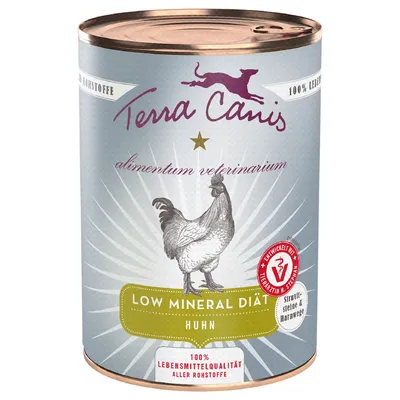 Boîte Terra Canis alimentum veterinarium, LOW MINERAL DIÄT Huhn, illustration de poulet, 100 % Lebensmittelqualität aller Rohstoffe, mention sur calculs urinaires en allemand.