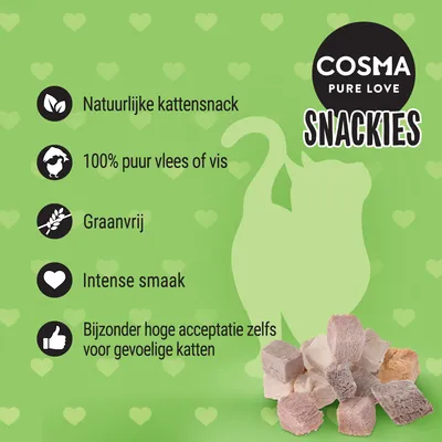 COSMA PURE LOVE SNACKIES. Natuurlijke kattensnack, 100% puur vlees of vis, graanvrij, intense smaak, bijzonder hoge acceptatie zelfs voor gevoelige katten.