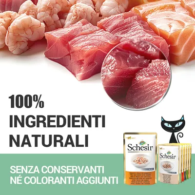 100% ingredienti naturali. Senza conservanti né coloranti aggiunti. Schesir. Immagine di pesce crudo e confezioni di alimento per gatti Schesir.