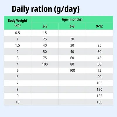 Tableau d’alimentation : ration journalière en grammes selon le poids corporel (0,5–10 kg) et l’âge (3–12 mois). Exemple : 2 kg, 3–5 mois = 50 g, 6–8 mois = 40 g, 9–12 mois = 30 g. Tableau d’alimentation : ration journalière en grammes selon le poids corporel (0,5–10 kg) et l’âge (3–12 mois). Exemple : 2 kg, 3–5 mois = 50 g, 6–8 mois = 40 g, 9–12 mois = 30 g.