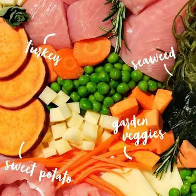 Image showing labelled ingredients: turkey, seaweed, sweet potato, garden veggies including peas, carrots and diced vegetables.