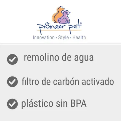 Pioneer Pet. remolino de agua, filtro de carbón activado, plástico sin BPA. Innovation • Style • Health.