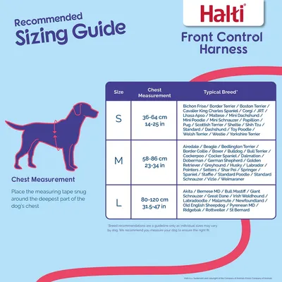 Sizing guide for Halti Front Control Harness showing chest measurements: S 36-64cm, M 58-86cm, L 80-120cm. Includes example breeds and diagram of where to measure the chest.
