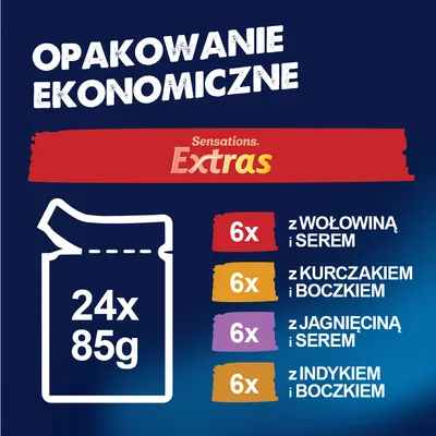 Sensations Extras, 24x85g: po 6x z wołowiną i serem, kurczakiem i boczkiem, jagnięciną i serem, indykiem i boczkiem. Pakiet oszczędnościowy. Sensations Extras, 24x85g: po 6x z wołowiną i serem, kurczakiem i boczkiem, jagnięciną i serem, indykiem i boczkiem. Pakiet oszczędnościowy.