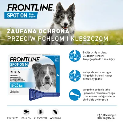 FRONTLINE Spot-On dla psów 10–20 kg, leczenie i zapobieganie inwazjom pcheł, kleszczy i wszołów. Zabija pchły w 24 h, chroni do 3 miesięcy, kleszcze w 48 h, chroni do 4 tygodni.