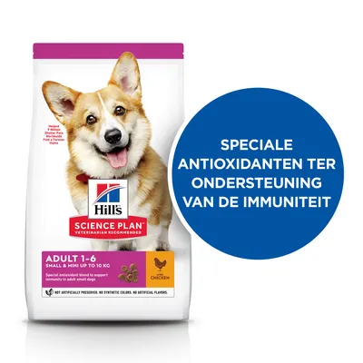 Hill's Science Plan Adult 1-6 Small & Mini up to 10 kg met kip. Speciale antioxidanten ter ondersteuning van de immuniteit. Geen kunstmatige kleur-, geur- of smaakstoffen.