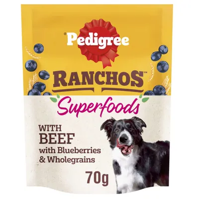 Rancho Superfoods with beef, blueberries and wholegrains, 70g pack. Image shows product name, ingredients and weight.