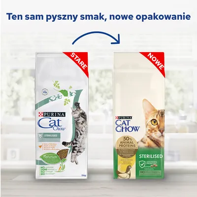 Porównanie starego i nowego opakowania Purina Cat Chow Sterilised. Widoczne napisy: STARE, NOWE, 50% animal proteins, sterilised, rich in chicken, natural prebiotic.