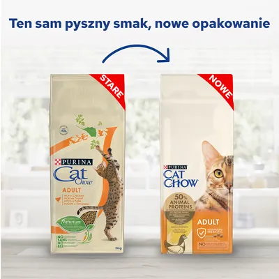 Porównanie starego i nowego opakowania Purina Cat Chow Adult. Widoczne napisy: 'STARE', 'NOWE', '50% animal proteins', 'adult', 'rich in chicken'.
