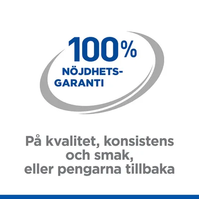 100 % nöjdhetsgaranti på kvalitet, konsistens och smak, eller pengarna tillbaka