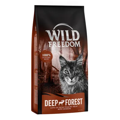 Wild Freedom Deep Forest cat food, 100% grain-free recipe, lots of fresh poultry meat with venison, 6.5 kg bag. Image shows a cat and forest background on the packaging.