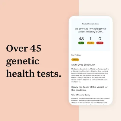 Over 45 genetic health tests. Example result: 48 clear, 1 notable, 0 at risk genetic variants detected. Key finding shown is MDR1 drug sensitivity with one copy of the variant.