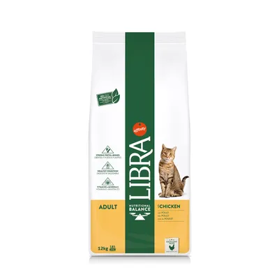 Zak Libra Adult kattenvoer met kip, 12 kg. Tekst: 'No skin artificial', 'Strong teeth & bones', 'Healthy digestion', 'Vitamins & minerals', merknaam affinity zichtbaar. Zak Libra Adult kattenvoer met kip, 12 kg. Tekst: 'No skin artificial', 'Strong teeth & bones', 'Healthy digestion', 'Vitamins & minerals', merknaam affinity zichtbaar.