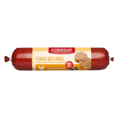 Fleischeslust Fine Poultry with Sweet Potato, Blueberries and Chamomile. Complete food made from 100% fresh meat.