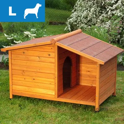 Niche pour chien en bois, taille L indiquée par pictogramme et lettre blanche sur fond bleu en haut à gauche. Toit incliné, entrée en arche, posée sur pelouse.