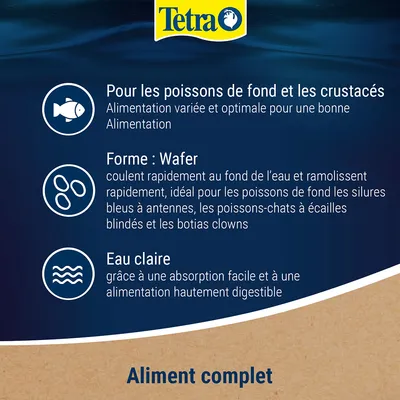 Tetra. Pour les poissons de fond et crustacés, alimentation variée. Forme : Wafer, coule rapidement, idéal silures bleus à antennes, poissons-chats, botias clowns. Eau claire, digestion facile.