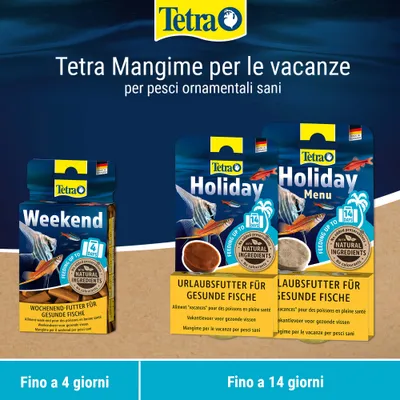 Tetra Weekend e Holiday mangime per le vacanze per pesci sani, con componenti naturali, alimentazione fino a 4, o 14 giorni. Per pesci ornamentali. Senza coloranti. Tetra Weekend e Holiday mangime per le vacanze per pesci sani, con componenti naturali, alimentazione fino a 4, o 14 giorni. Per pesci ornamentali. Senza coloranti.