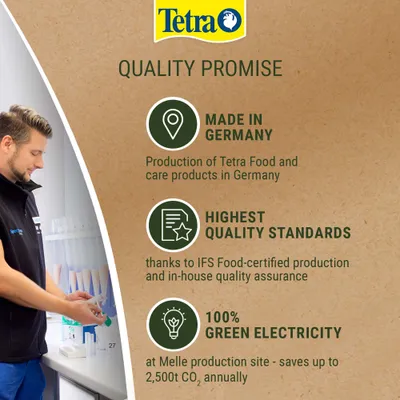Tetra Quality Promise: Made in Germany, highest quality standards thanks to IFS-certified production, 100% green electricity at the Melle site, saving up to 2,500 t CO₂ annually. Tetra Quality Promise: Made in Germany, highest quality standards thanks to IFS-certified production, 100% green electricity at the Melle site, saving up to 2,500 t CO₂ annually.