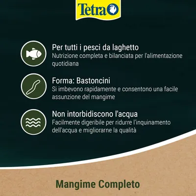 Tetra. Per tutti i pesci da laghetto: nutrizione completa e bilanciata. Forma: bastoncini, si imbevono rapidamente. Non intorbidiscono l'acqua, facilmente digeribili. Mangime completo.