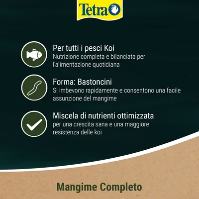 Tetra. Per tutti i pesci Koi: nutrizione completa e bilanciata. Forma: bastoncini, si imbevono rapidamente. Miscela di nutrienti ottimizzata per crescita sana e resistenza delle koi.