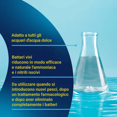 Adatto per acquari d'acqua dolce. I batteri vivi riducono l'ammoniaca e i nitriti nocivi. Da utilizzare con nuovi pesci, dopo trattamenti farmacologici e dopo la completa rimozione dei batteri. Adatto per acquari d'acqua dolce. I batteri vivi riducono l'ammoniaca e i nitriti nocivi. Da utilizzare con nuovi pesci, dopo trattamenti farmacologici e dopo la completa rimozione dei batteri.