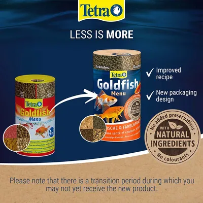 Tetra Goldfish Menu régi és új csomagolás, angol szöveggel: Improved recipe, New packaging design, With natural ingredients, No added preservatives, No colourants.