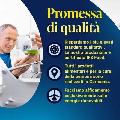Promessa: Standard di qualità più elevati, produzione certificata IFS Food, tutti i prodotti realizzati in Germania, utilizzo esclusivo di energie rinnovabili. Promessa: Standard di qualità più elevati, produzione certificata IFS Food, tutti i prodotti realizzati in Germania, utilizzo esclusivo di energie rinnovabili.