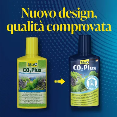 Tetra CO2 Plus bottiglia nel vecchio e nuovo design. Testo: CO2 intenso, fornitura per una crescita rigogliosa e rapida delle piante. Fertilizzante settimanale di CO2. Tetra CO2 Plus bottiglia nel vecchio e nuovo design. Testo: CO2 intenso, fornitura per una crescita rigogliosa e rapida delle piante. Fertilizzante settimanale di CO2.