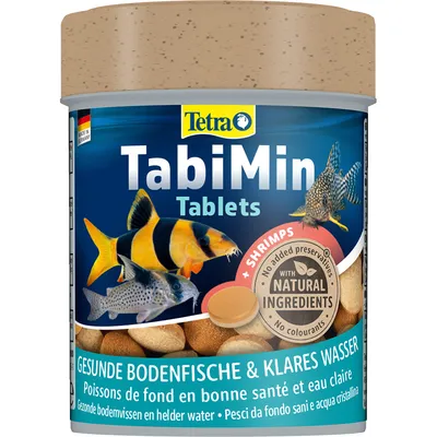 Tetra TabiMin Tablets, visible text: shrimps, no added preservatives, with natural ingredients, no colourants. Images of fish and tablets on the label.