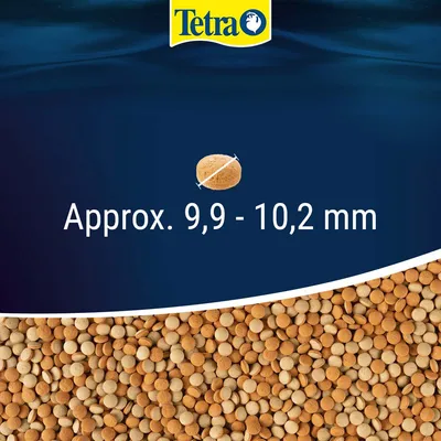 Tetra brand, kibble diameter approx. 9,9–10,2 mm shown with close-up of round brown pellets and measurement text