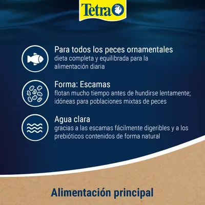 Tetra. Para todos los peces ornamentales: alimentación completa y equilibrada. Forma: copos, flotan durante mucho tiempo. Calidad de agua clara gracias a copos fácilmente digeribles y prebióticos naturales. Tetra. Para todos los peces ornamentales: alimentación completa y equilibrada. Forma: copos, flotan durante mucho tiempo. Calidad de agua clara gracias a copos fácilmente digeribles y prebióticos naturales.