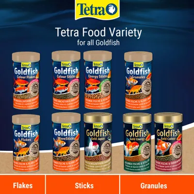 Tetra Goldfish Food Variety: Colour Flakes, Colour Sticks, Energy Sticks, Granules, Flakes, WaveSticks, Gold Japan, Gold Energy, Gold Colour. For all goldfish. Tetra Goldfish Food Variety: Colour Flakes, Colour Sticks, Energy Sticks, Granules, Flakes, WaveSticks, Gold Japan, Gold Energy, Gold Colour. For all goldfish.
