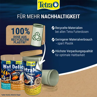 Tetra – 100 % dose en plastique recyclé* (hors couvercle, étiquette et sceau). Texte en allemand sur matériaux recyclés, réduction de plastique, qualité d’emballage. Image de boîtes Tetra.